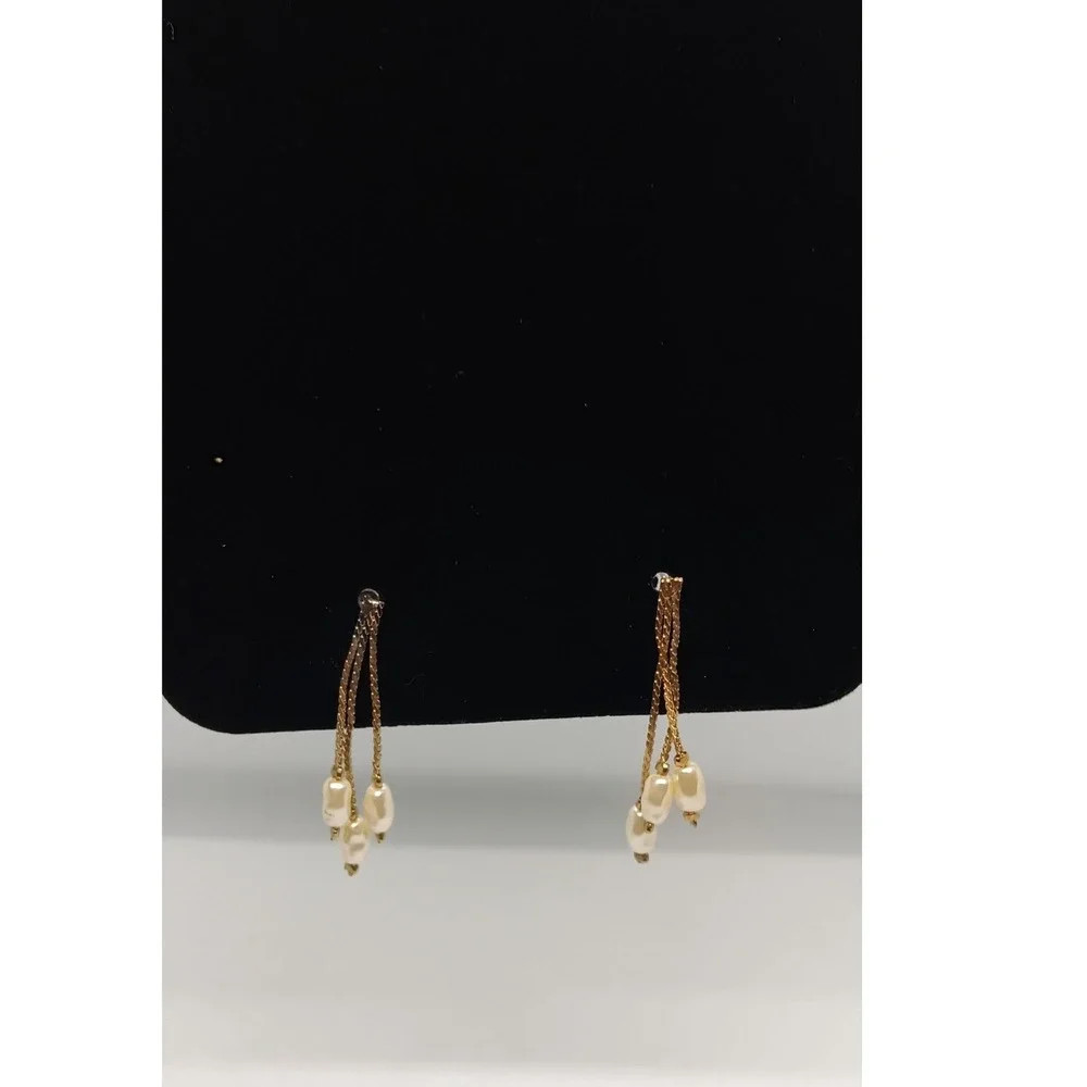 Gold Tone Curb Chain Faux Pearl Dangling Drop Earrings Womens Accessory